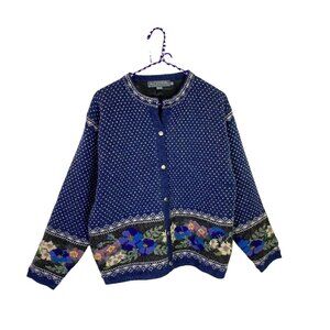 Icelandic Womens Size Medium Blue White Floral Stripe Wool Cardigan Sweater